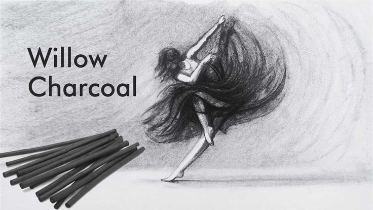 a pencil drawing of a dancer with the words willow charcoal in front of it and six black sticks