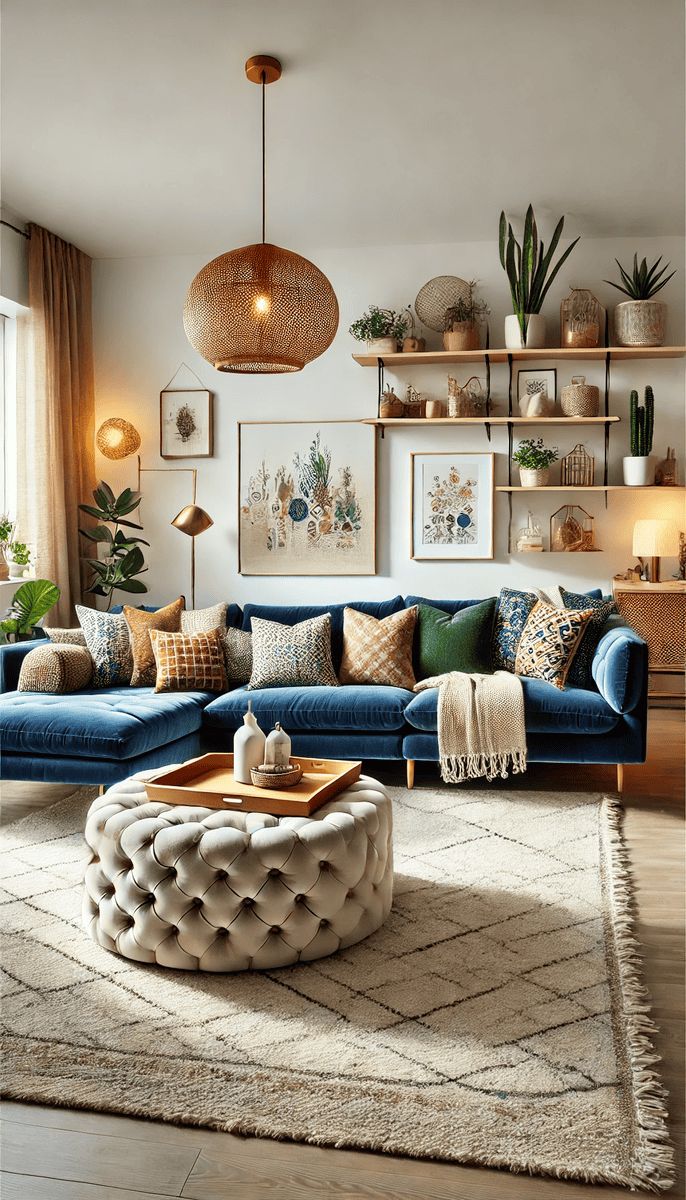 a living room with blue couches and potted plants on the wall above them