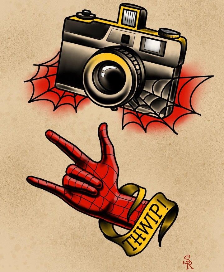 a drawing of a hand with a camera on it and a spider - man sign