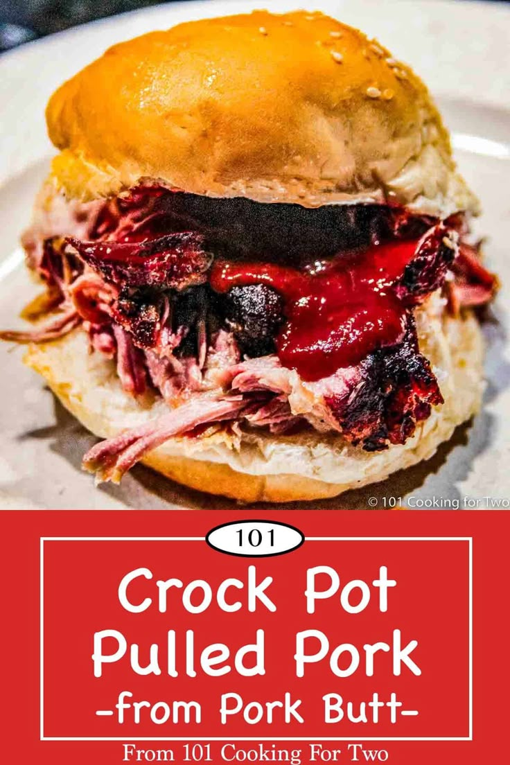 the crock pot pulled pork sandwich on a plate with text overlay that reads 101 crock pot pulled pork from 1 00 cooking for two