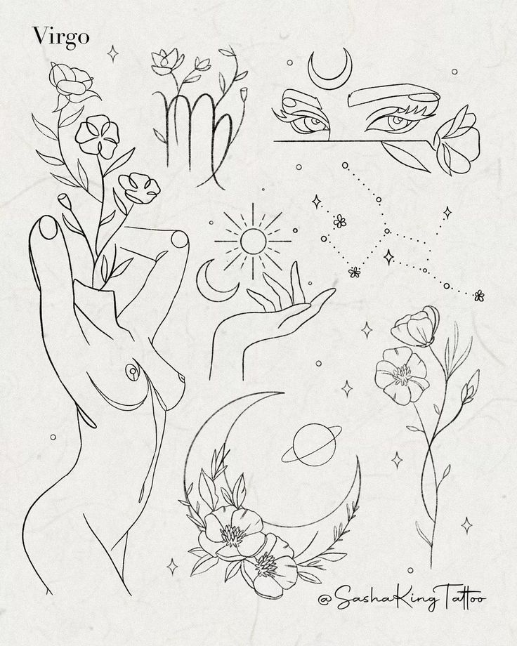 a drawing of flowers and hands with the words virgo on it