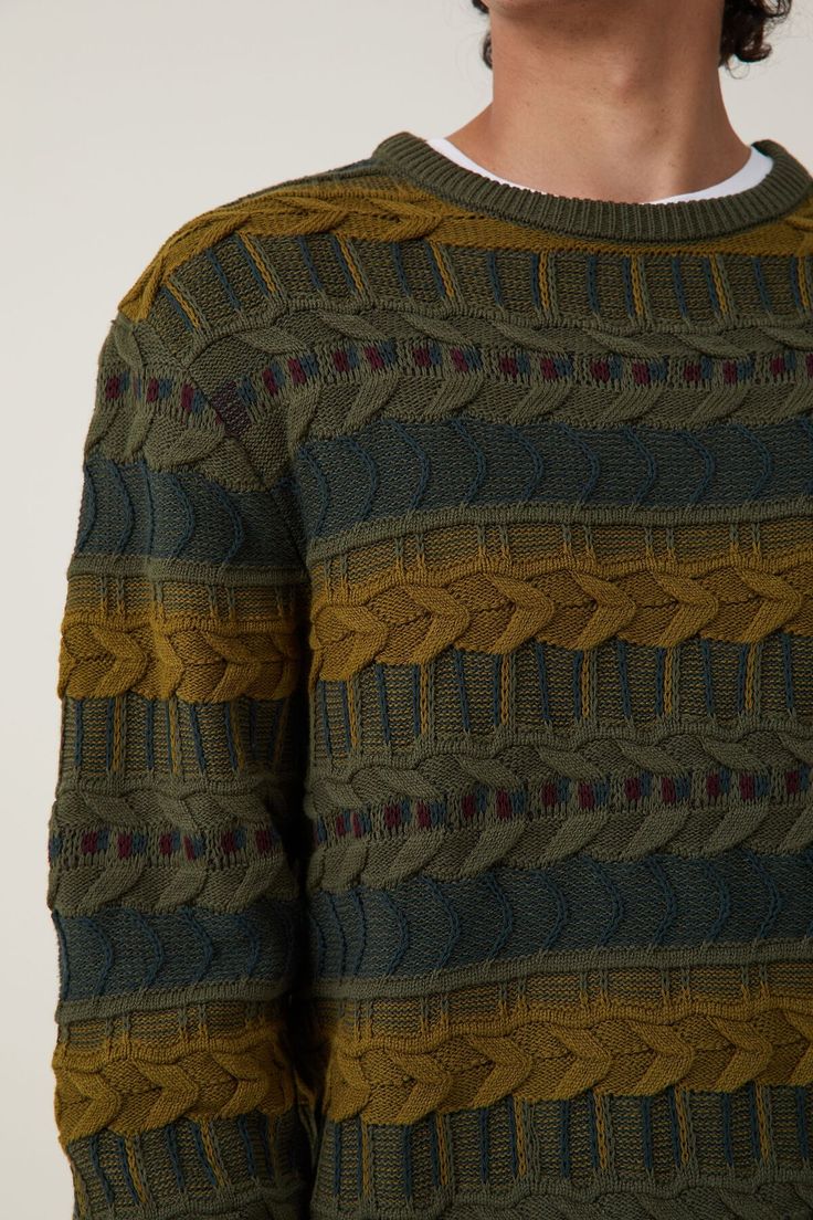 Garage Knit Cable Knit Crew Neck Top, Crew Neck Cable Knit Top, Green Jacquard Knit Sweater For Fall, Fitted Textured Knit Winter Sweater, Green Textured Knit Sweater, Fitted Wool Sweater With Textured Knit, Green Wool Sweater With Textured Knit, Winter Crew Neck Pointelle Knit Top, Fitted Cotton Jacquard Knit Sweater