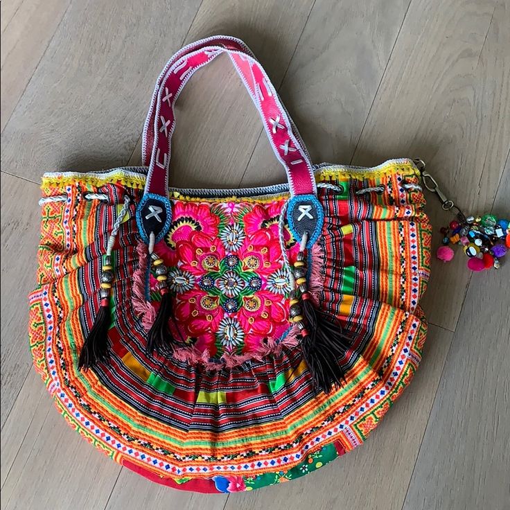 Unique Brand New Artisan Ibiza Beach- Style Large Leather Bag With Colorful Appliqus, Tassels And Keychain With Stones Multicolor Hobo Bag With Adjustable Strap For Beach, Bohemian Bags With Removable Pouch For Vacation, Bohemian Shoulder Bag With Removable Pouch For Vacation, Multicolor Bohemian Beach Bag With Adjustable Strap, Bohemian Multicolor Beach Bag With Adjustable Strap, Multicolor Summer Beach Hobo Bag, Multicolor Hobo Tote Bag For Beach, Colorful Beach Shoulder Bag With Adjustable Strap, Multicolor Summer Hobo Bag For Beach