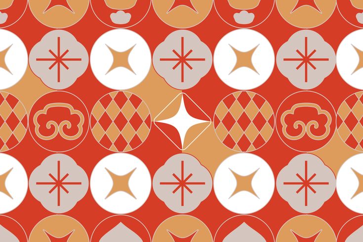 an orange and white pattern with circles, stars, and shapes in the center on a red background