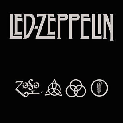 the logo for led zeppelin in white on a black background with other symbols