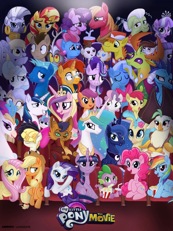 the many ponies are standing together in front of a dark background, and there is no image to describe