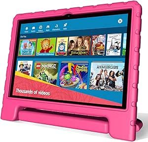 a pink children's tablet sitting on top of a table