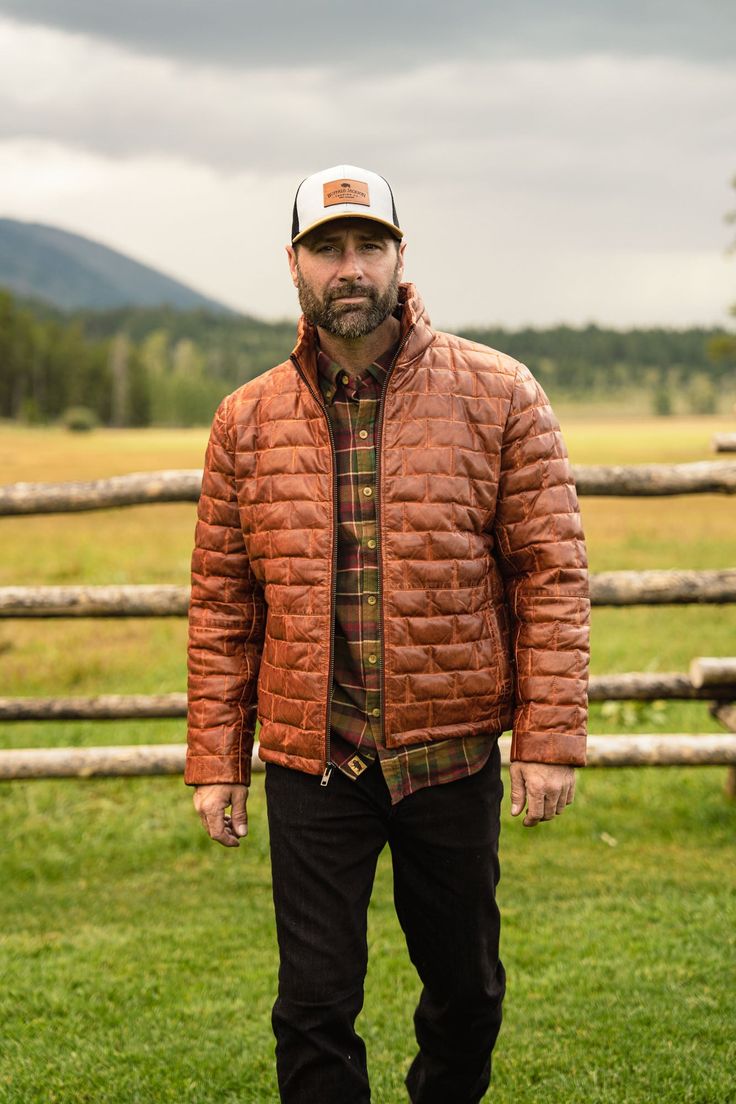 Embrace the spirit of adventure with the Teton Leather Jacket, a tribute to the rugged majesty of Wyoming’s Teton Mountain Range. Its rich, full-grain leather evokes the grandeur of these storied peaks, making a statement that is both daring and refined—striking the perfect balance between boldness and restraint. Crafted from premium full-grain sheep leather that develops a handsome patina with wear, the jacket features a modern brick-stitch pattern for a contemporary update. The lightweight dow Waxed Canvas Jacket, Dark Brown Leather Jacket, Light Down Jacket, Leather Puffer Jacket, Leather Puffer, Light Down, Leather Camera Bag, Leather Jacket Style, Lambskin Leather Jacket