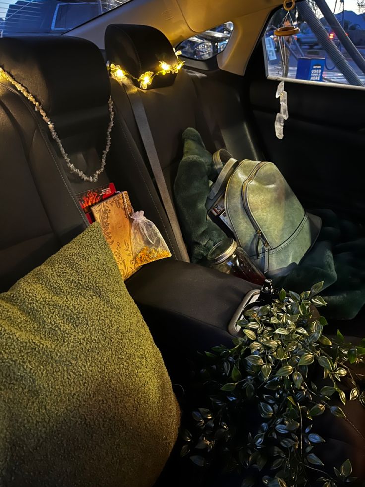 the back seat of a car is decorated with christmas lights