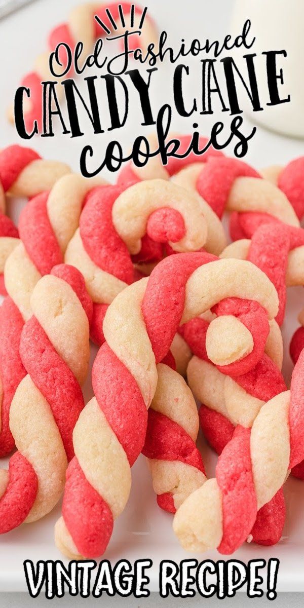 some red and white candy cane cookies on a plate with the words old fashioned candy cane cookies