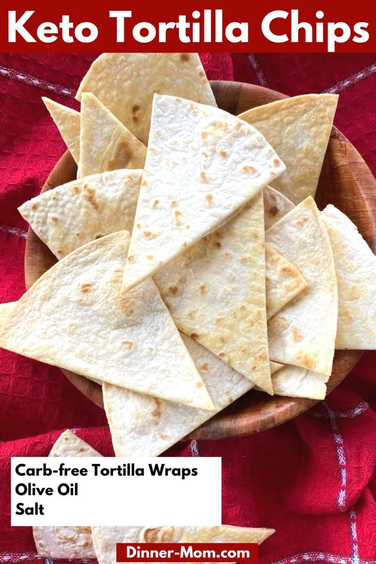 keto tortilla chips in a wooden bowl on a red cloth with text overlay