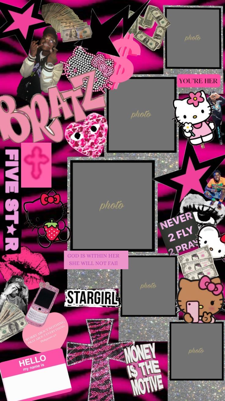 a collage with hello kitty pictures and other items in pink, black and white