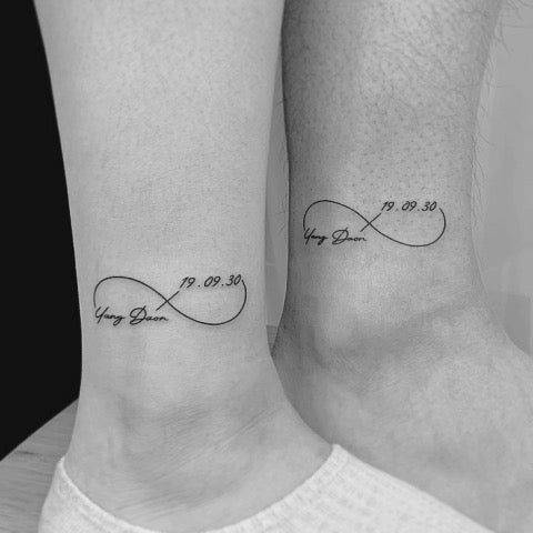 Infinity Tattoo: Meanings Designs and Ideas |  love tattoos for black couples Infinity Friendship Tattoos, Tattoos For Black Couples, Infinity Sister Tattoo, Double Infinity Tattoo, Infinity Knot Tattoo, Infinity Name Tattoo, Double Infinity Tattoos, Couple Name Tattoos, Sister Tattoo Infinity