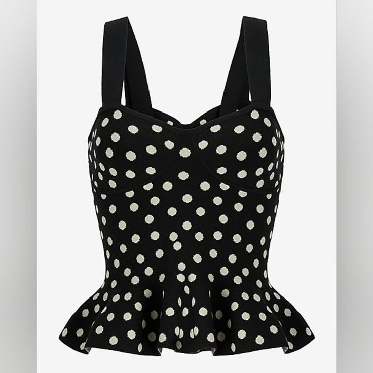 Brand Express Description The Perfect Transition Piece For Spring, This Strapless Sweater Tank Comes With A Sweetheart Neckline, A Ruffle Peplum Hem, And A Cute Polka Dot Print. Style With The Matching Skirt For A Complete Set. Color Black And Cream Features & Fabric Sweetheart Neckline Strapless Sweater Fabric; Polka Dot Print Cropped Length; Ruffle Peplum Hem Polyester/Rayon Matching Skirt For Matching Skirt Go To Express Website And Search For Item #07650135 Fitted Polka Dot Tank Top, Fitted Polka Dot Casual Tank Top, Chic Polka Dot Tank Top For Spring, Spring Chic Polka Dot Tank Top, Fitted Polka Dot Sleeveless Top, Fitted Polka Dot Sleeveless Blouse, Elegant Sleeveless Polka Dot Top, Boho Lounge, Pink Halter Top