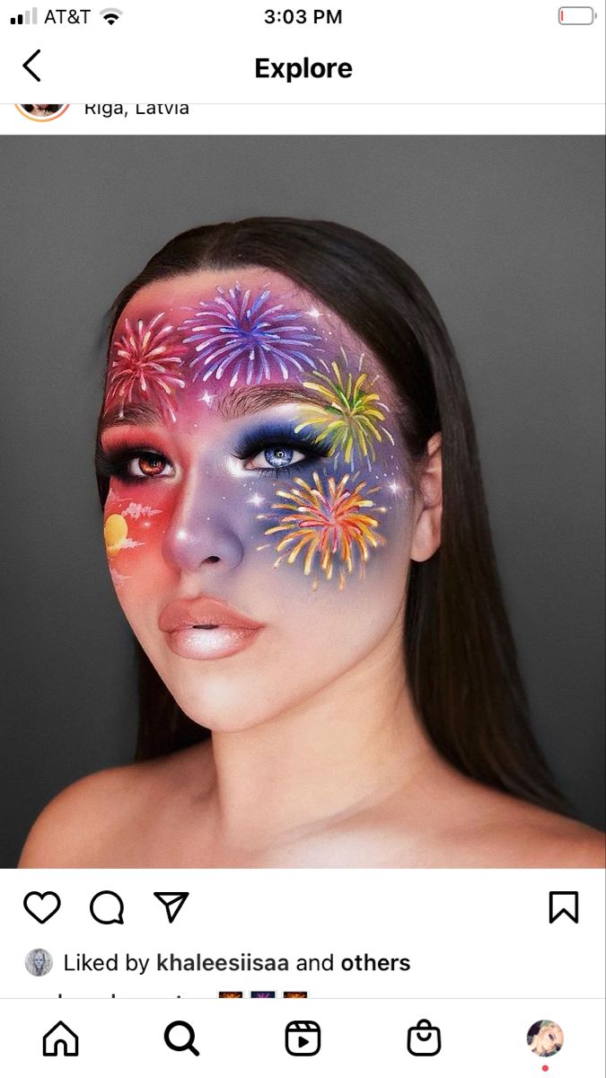 Fireworks Makeup Look, Firework Eye Makeup, Firework Makeup Look, Fireworks Face Paint, New Year Face Paint, Firework Costume, Fireworks Makeup, Firework Makeup, Yoimiya Cosplay