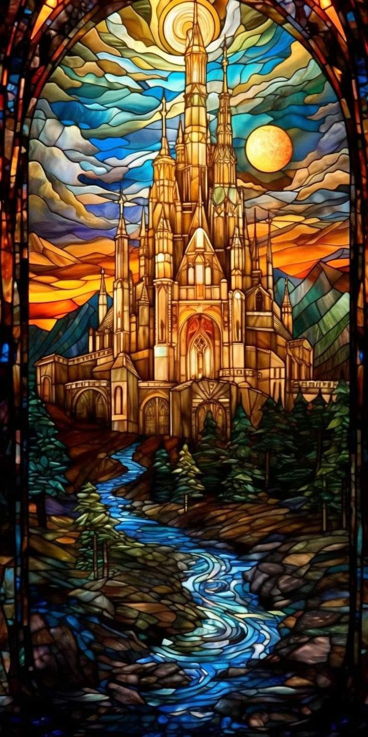 a stained glass window with a castle in the background