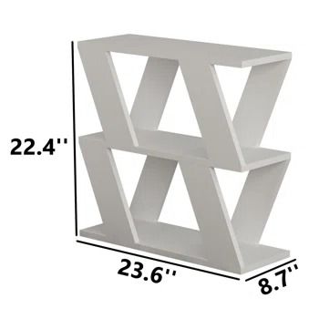 a white book shelf with three shelves on each side and measurements for the top one