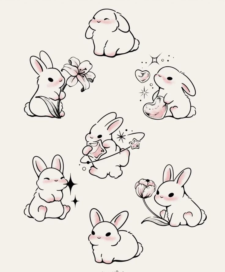 some drawings of rabbits and flowers on a white background