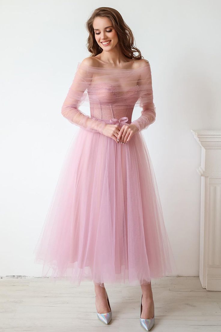 Mademoiselle Tea Length Tulle Midi Dress | Jewelclues Blush Pink Tea Length Dress, Dreamy Tulle Dress, Pink Dress Tea Length, Tulle Midi Dress Formal, Long Flowy Sleeve Dress, Pink Cocktail Dress With Sleeves, 50s Tulle Dress, Ballerina Length Dress, Long Sleeve Tea Length Dress