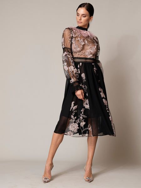 SoHo Feathers Maxi Dress – ZCRAVE Feminine Long Sleeve Black Dress, Feminine Pink Sheer Midi Dress, Black Feminine Dress For Fall, Feminine Black Midi Dress For Spring, Chic Black Midi Dress With Floral Embroidery, Chic Floral Embroidery Midi Dress For Fall, Pink Midi Evening Dress For Fall, Chic Fall Midi Dress With Floral Embroidery, Black Floral Embroidery Midi Dress