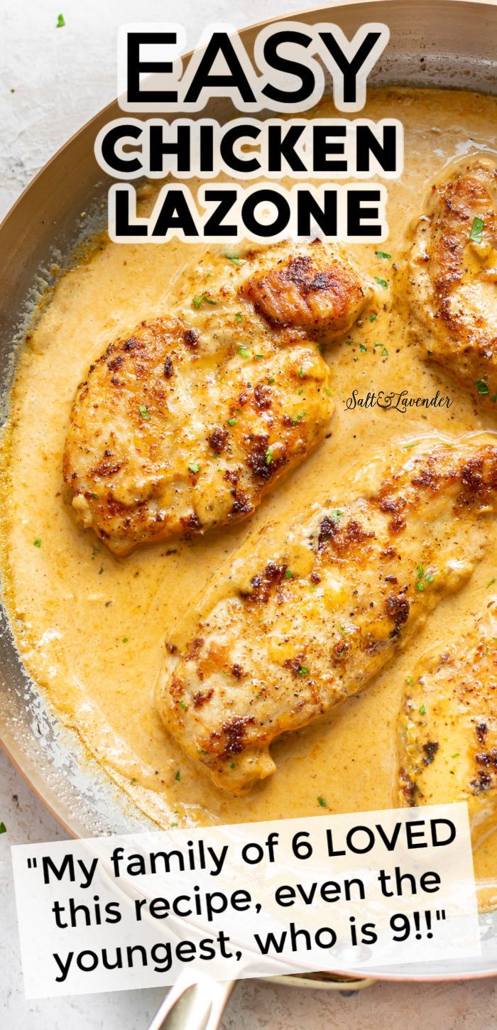 the recipe for easy chicken lazonee is in a pan