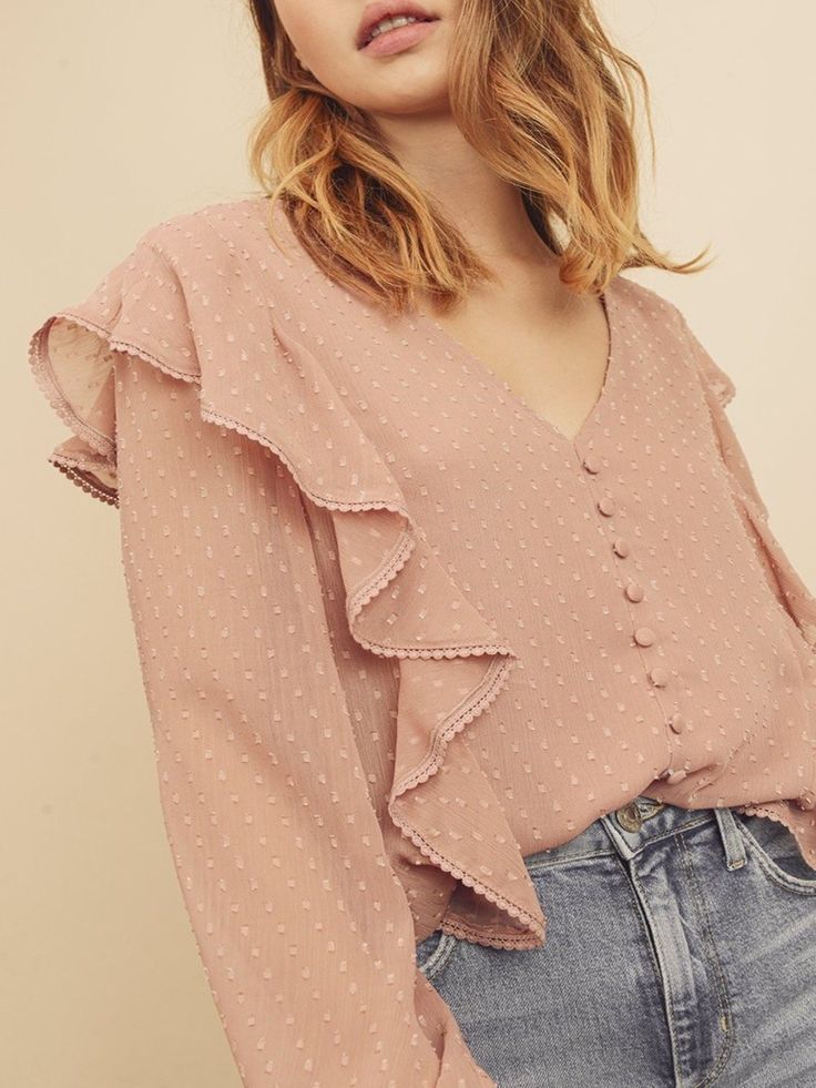 mauve color long sleeve ruffle blouse Printed Blouses, Frilly Blouse, Romantic Blouses, Ruffled Blouse, Dress Hairstyles, Embroidery Blouse, Lace Embroidery, Swiss Dot, Low Iron