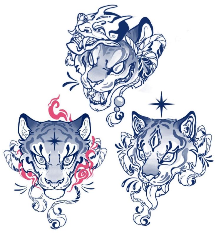 three tiger heads with stars and swirls on their faces, one in the shape of a