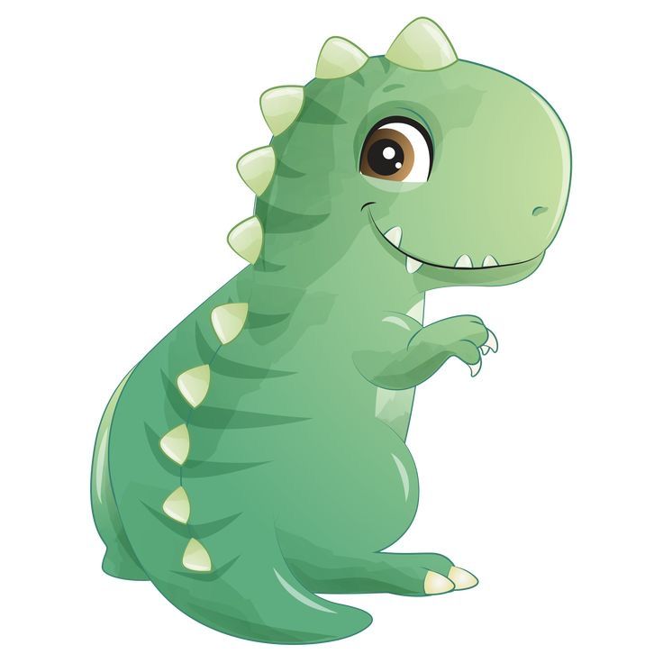 a cartoon green dinosaur with spikes on its head sitting down and looking at the camera