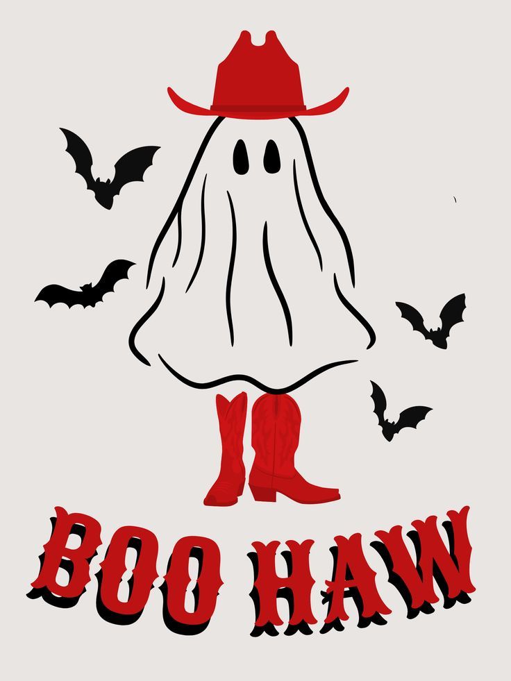 a poster with the words boo haw and a ghost wearing a red cowboy hat