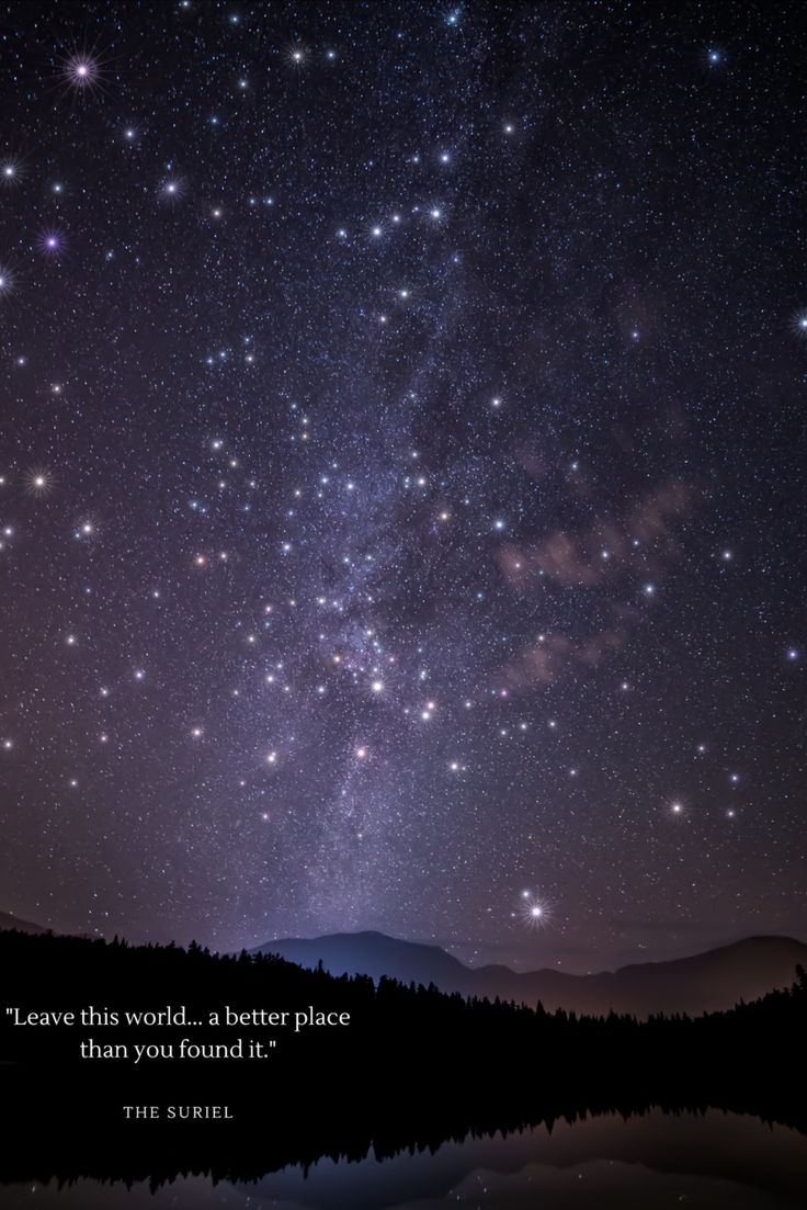 the night sky with stars above water and trees in foreground, with a quote written below