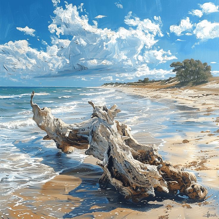 an oil painting of a beach scene with driftwood on the sand and clouds in the sky