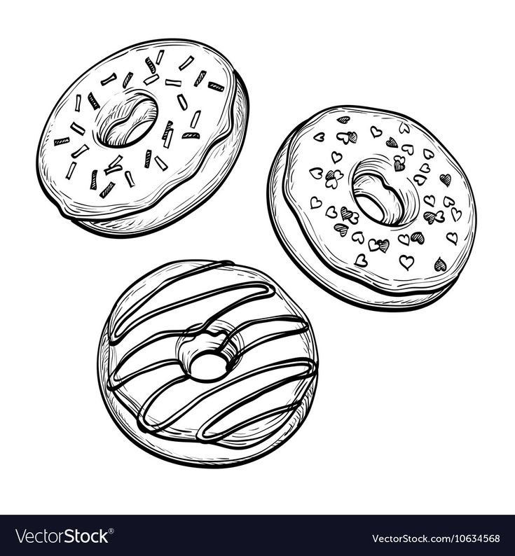 three donuts with sprinkles and hearts drawn in ink on white paper