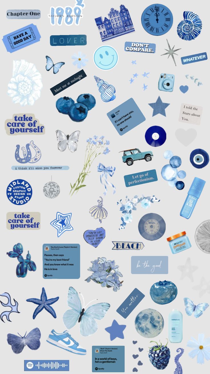 the back side of a computer screen with many stickers on it, including blue and white