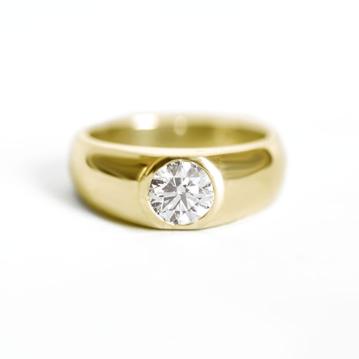 Item Details: Round brilliant-cut diamond weighing approx. 1.00 ct (G/SI1 Ideal Cut). This ring is 7.5 mm wide at the top and 4.5 mm wide at the base. Please note, we can set antique/heirloom diamonds in this setting. Set in your choice of platinum or 14K white, yellow, or rose gold. Please allow 10 days for production & delivery. Wide Engagement Ring, Mens Diamond Band, Diamond Signet Ring, Wedding Ring Styles, Wedding Day Jewelry, Engagement Rings For Men, Engagement Ring Styles, Mens Wedding Rings, Brilliant Diamond