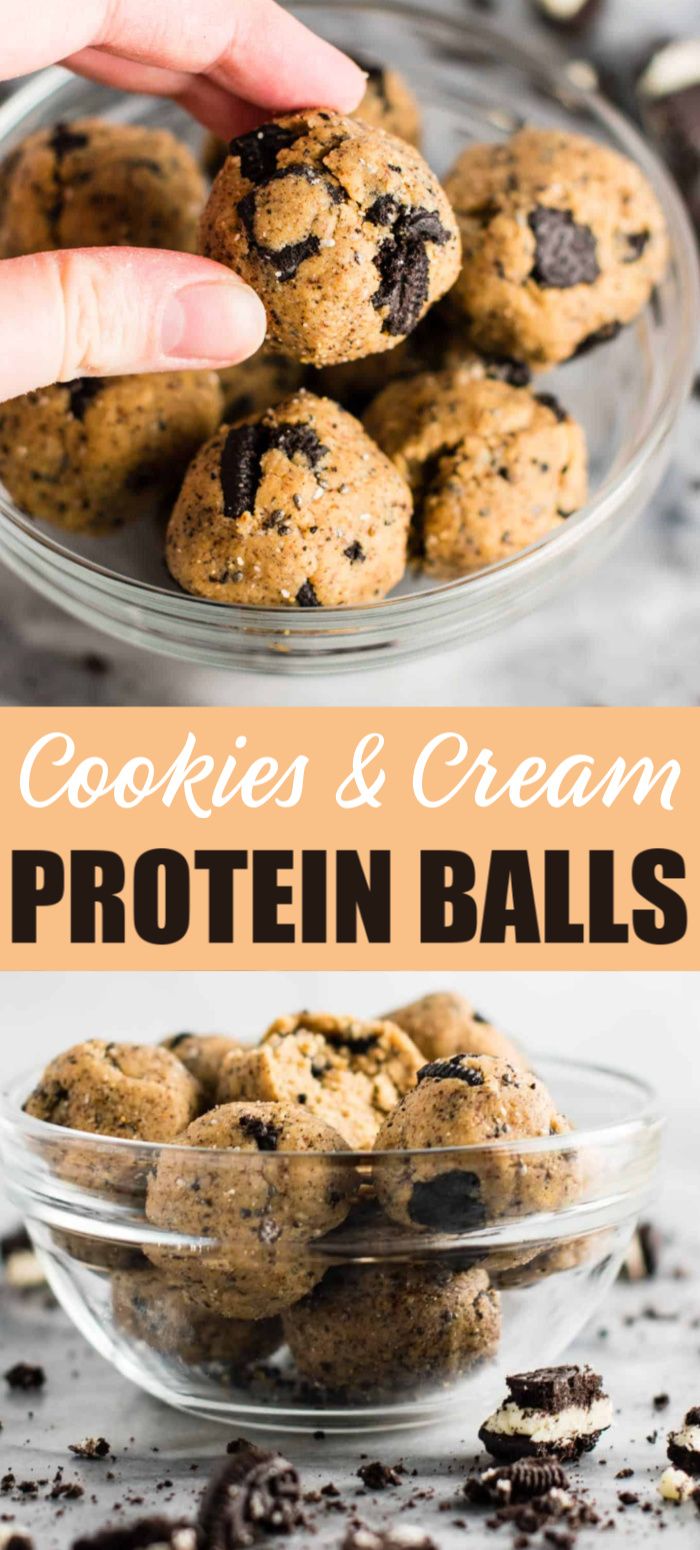 chocolate chip cookies and cream protein balls in a glass bowl