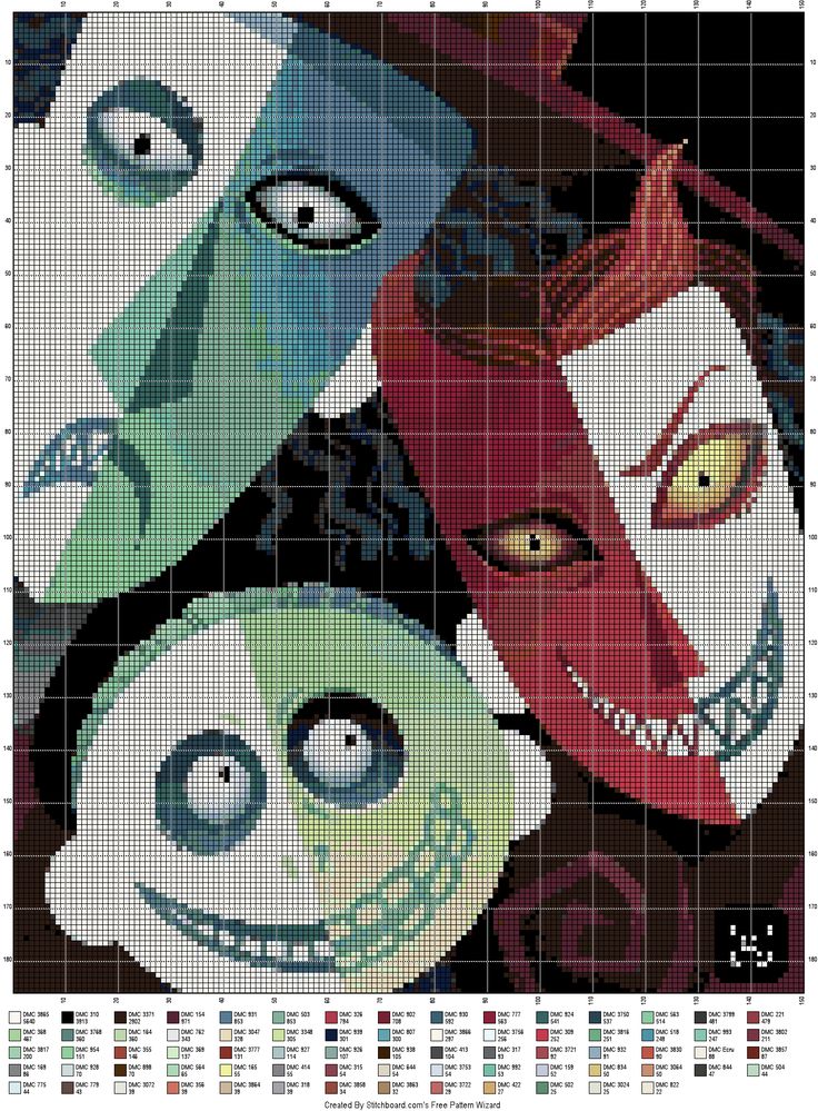 the cross stitch pattern shows three different faces, one with red hair and two with green eyes