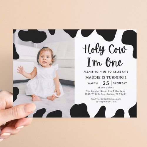 Holy Cow Im One Photo 1St Birthday Invitation #zazzle #weddinginvitations #birthdayinvitations #babyshowerinvitations #zazzleinvitations #monogram #businesscards #graduation #homedecor Cow 2nd Birthday, Cow Print Birthday, 2nd Birthday Photos, Birthday Party Design, Cow Birthday, Moo Moo, Photo Birthday Invitations, 2nd Birthday Invitations, Photo Thank You Cards