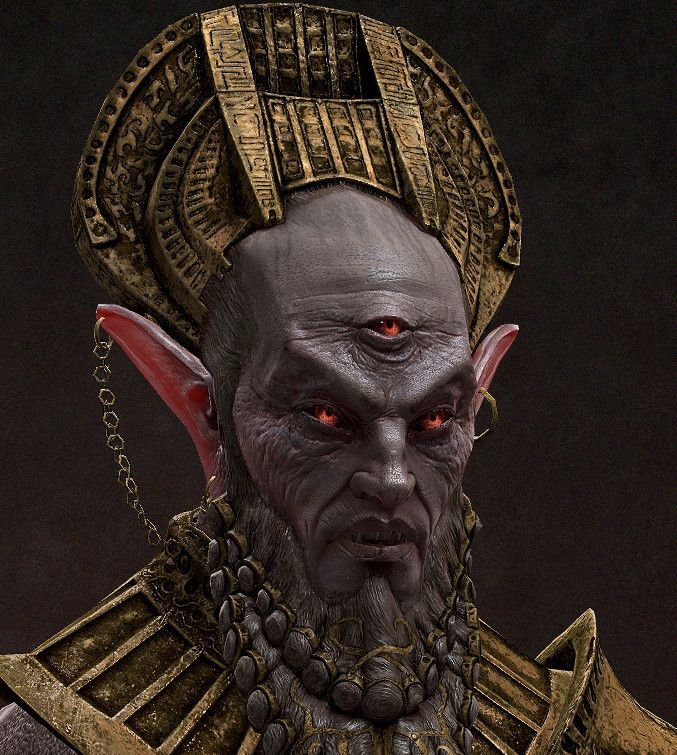 an evil looking man with red eyes and gold jewelry on his head, in front of a black background