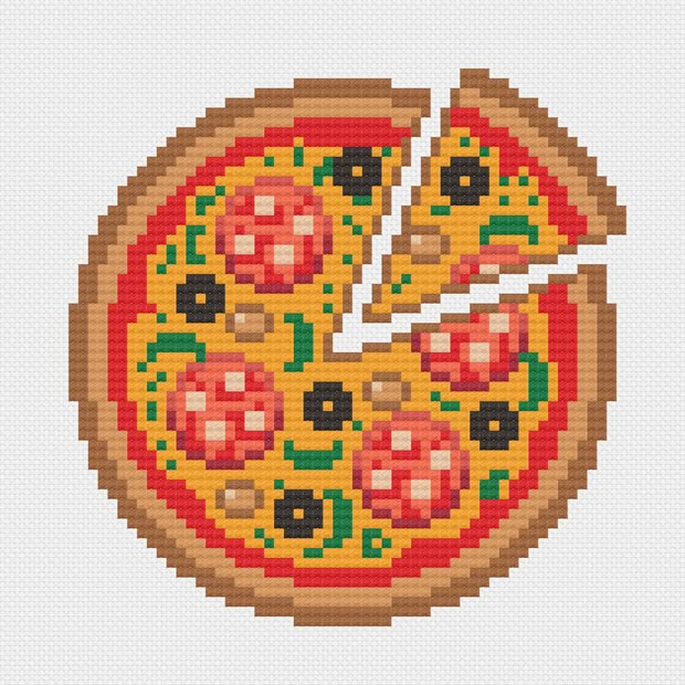 a cross stitch pattern of a pizza with one slice missing from the rest of it