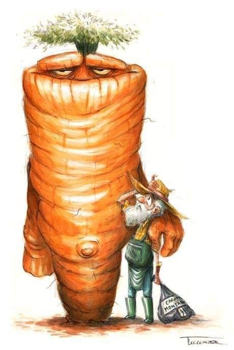 a drawing of a man standing next to a giant carrot