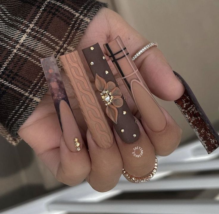 Long Nails Flower Design, Scorpio Nails Acrylic Long, Neutral Medium Nails, Fall Nail Designs Short Almond Shape, November Nails Plaid, Long Coffin Fall Nail Designs, Champagne Rhinestone Nails, Fall Long Acrylic Nail Designs, Brown Elegant Nails