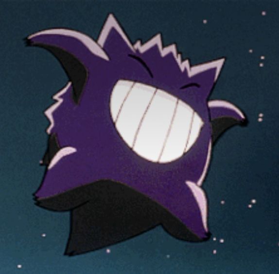 a purple and black cartoon character with big eyes looking at the sky in front of stars