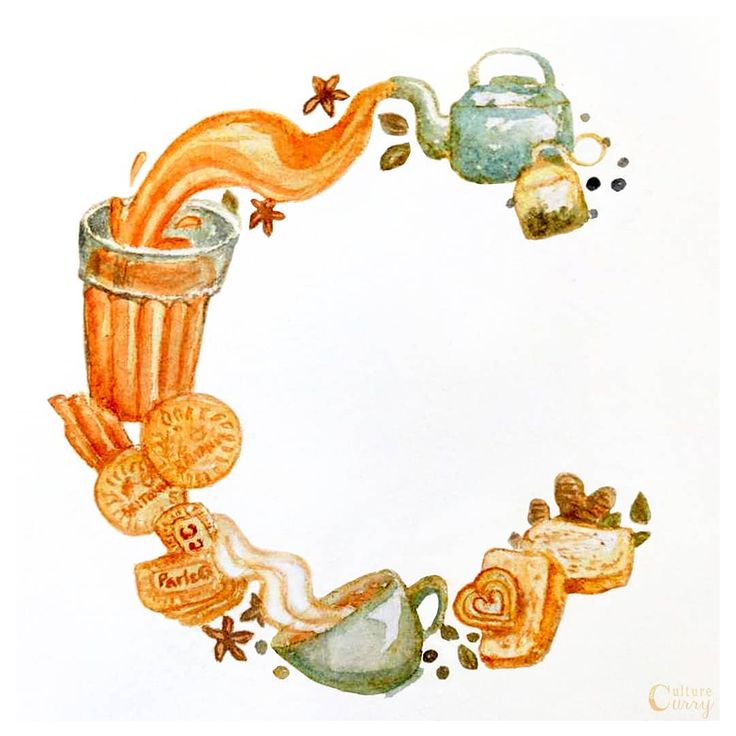 a watercolor drawing of food and drinks in the shape of a letter c on a white background