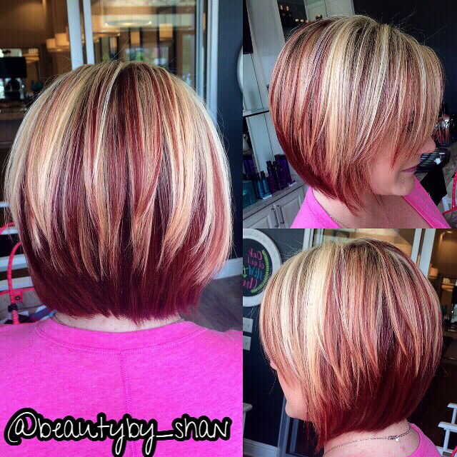 Red and blonde. Bob.  www.airdrybar.com https://www.facebook.com/ShanAinsworth Blonde Red Hair Short, Red And Blond Short Hair, Fun Professional Hair, Red Hair With Blonde Highlights Bob, Semi Short Haircuts, Red And Blonde Bob, Burgundy And Blonde Hair Color, Blonde Hair With Burgundy Highlights, Red And Blonde Hair Color Short