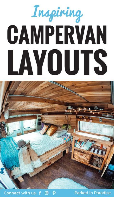 the inside of a campervan with text that reads, inspireing campervan layouts connect with us