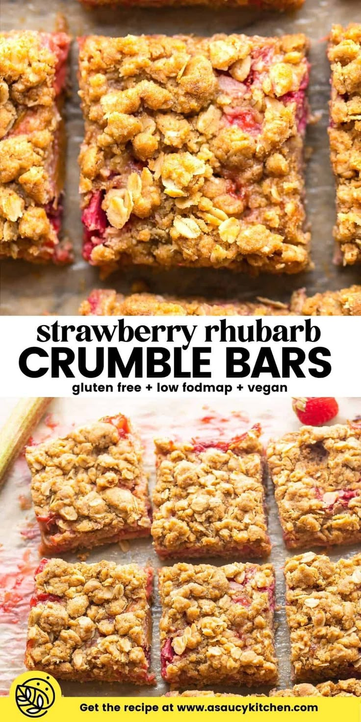 strawberry rhubar crumble bars with text overlay