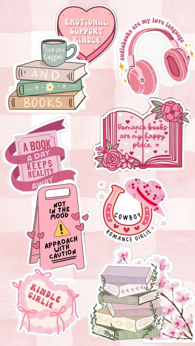 pink stickers with books and headphones on them