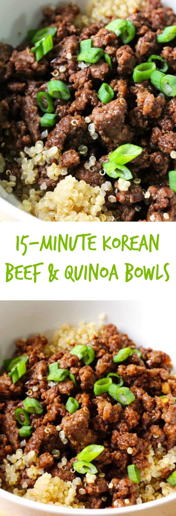 beef and quinoa bowls with green onions in the middle are shown on top of each other