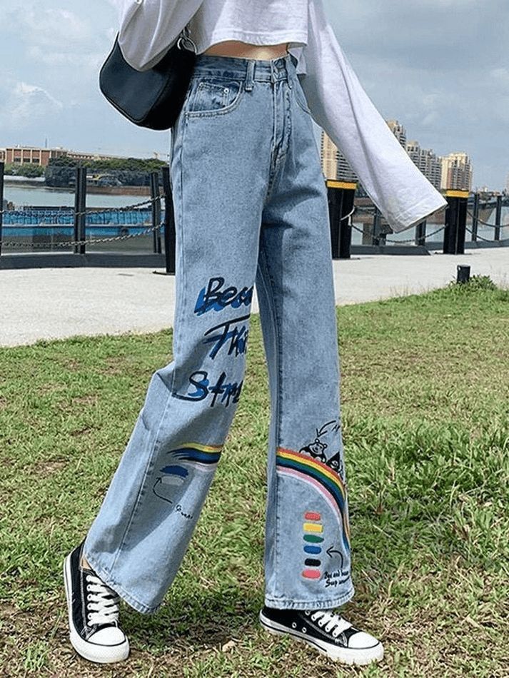 Rainbow Graffiti Print Boyfriend Jeans - AnotherChill Rainbow Graffiti, Rainbow Jeans, Big Jeans, Jeans Online Store, Jean Pants, Graffiti Prints, Jeans Online, Boyfriend Fit, Streetwear Outfit