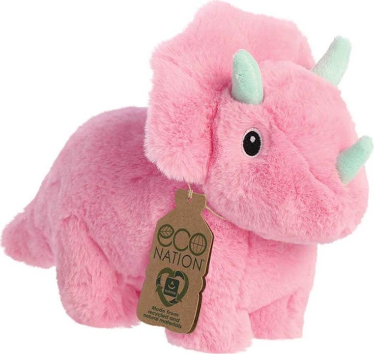 a pink stuffed animal with horns on it's head and tag in its ear